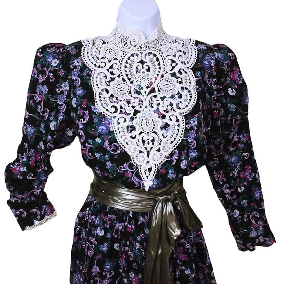 Vintage '87 Scott McClintock 2-pc Set Victorian Lace Blouse Skirt Dark Floral - Picture 3 of 12